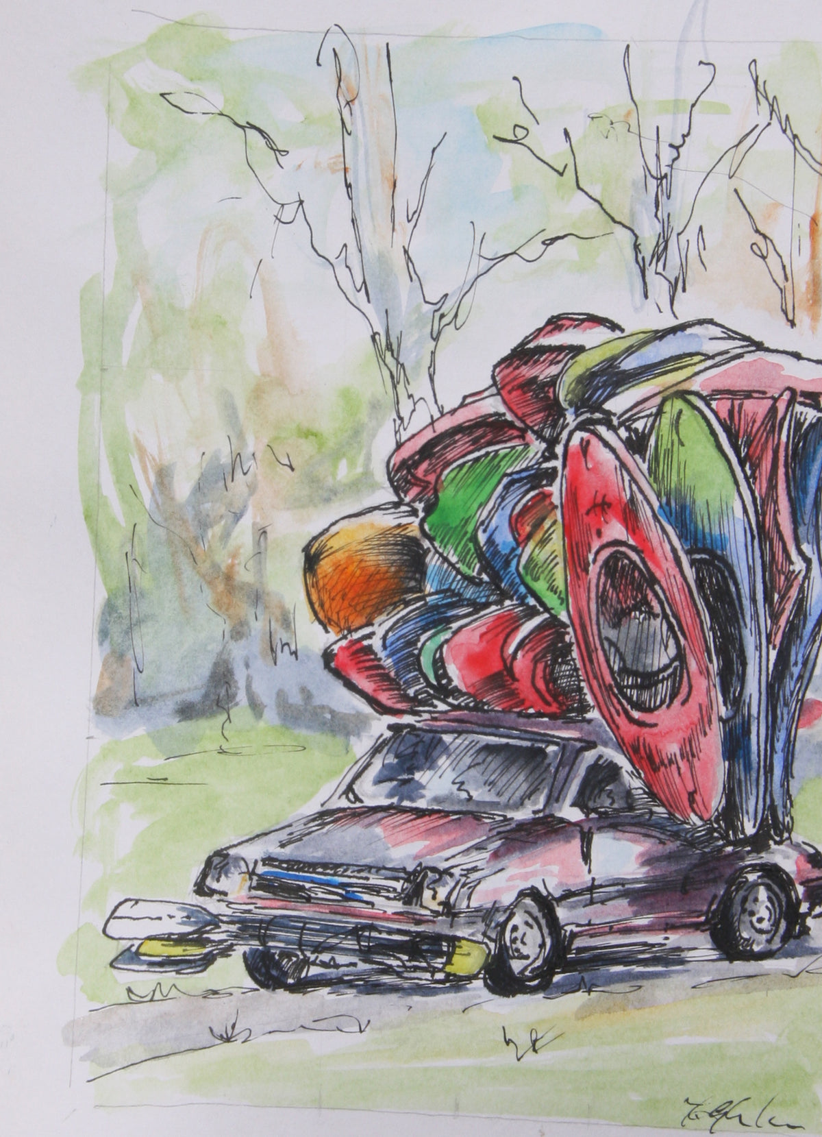 Multiple kayaks strapped to roof of car